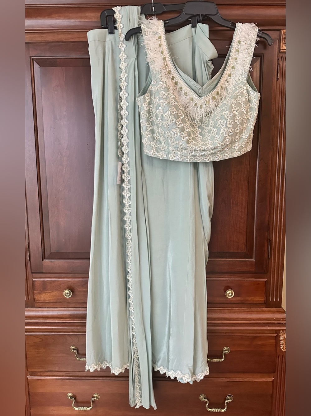 Embellished Sage Green V-Neck Dress saree with Feather Trim
